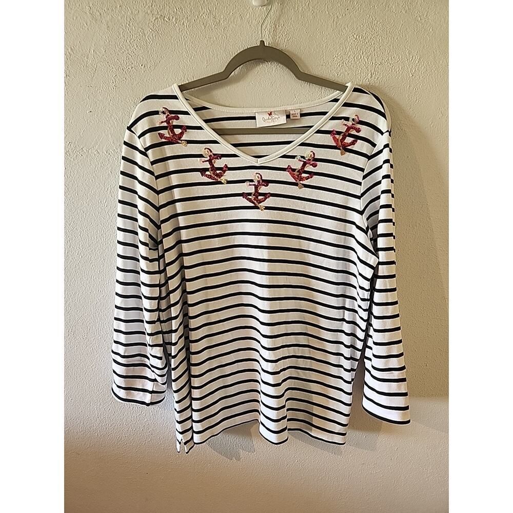 Quacker Factory Women’s Striped Sequin Anchor Nautical Top Large